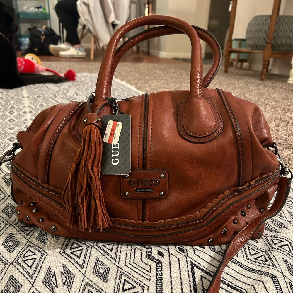 Guess Brown Leather Purse w/ Studs & 2 Straps